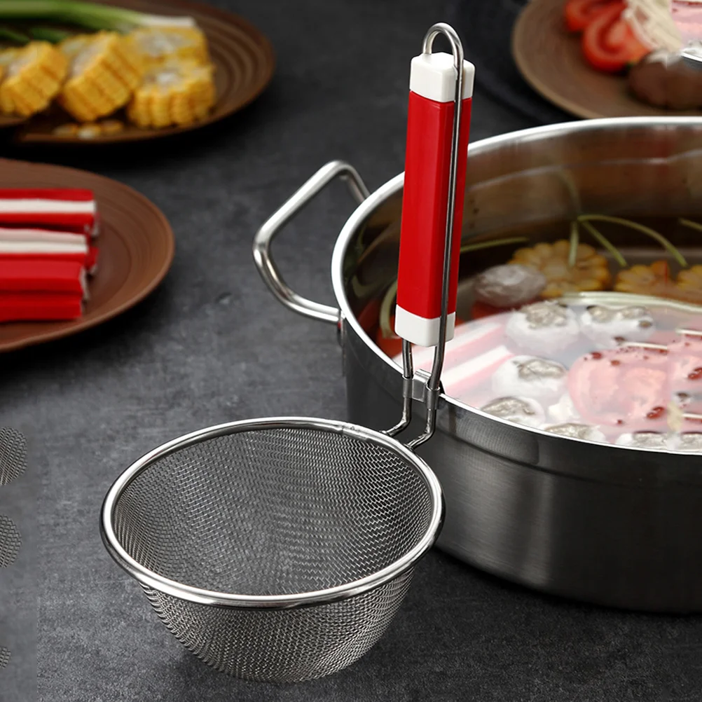 

1Pcs Stainless Steel Strainer Basket Kitchen Wire Mesh Sieve Red Handle for Pasta Dumplings Noodles Hotpot Food Skimmer
