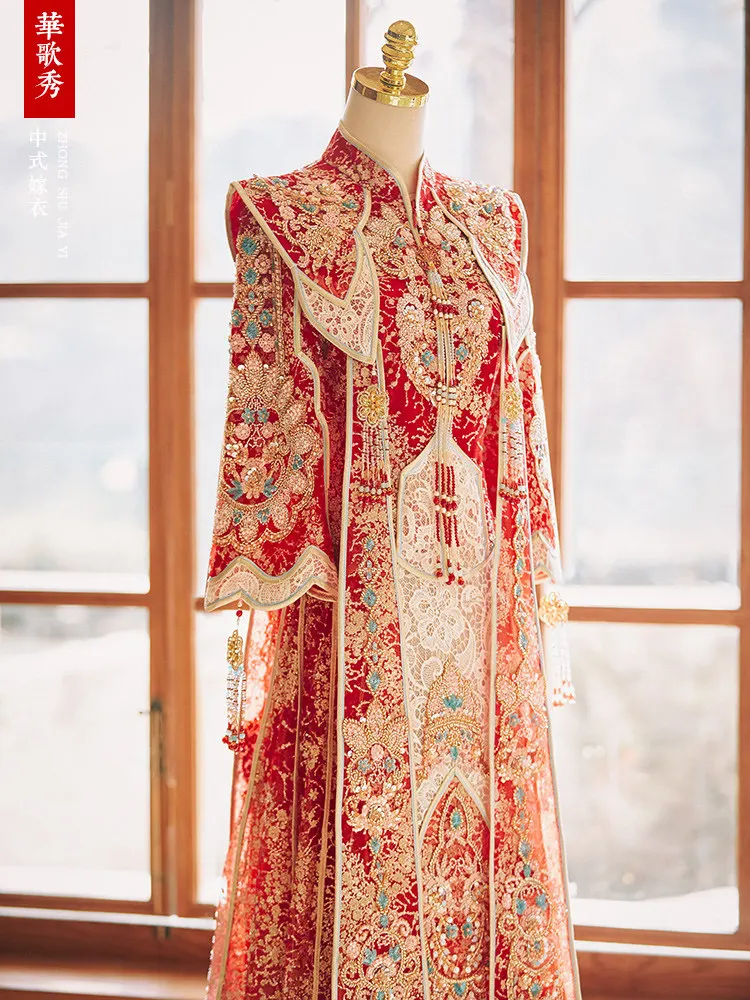 Ming-style Xiuhe Wedding Dress Heavy Beading Embroidery Cloud Shoulder Oriental Bridal Gown Traditional Wedding Outfit