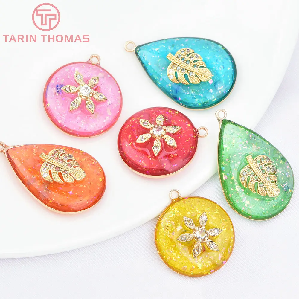 (7280) 6PCS 24K Gold Farbe Messing mit Glas Runde Tropf Öl Pailletten Anhänger Hohe Qualität DIY Schmuck, Die Entdeckungen großhandel