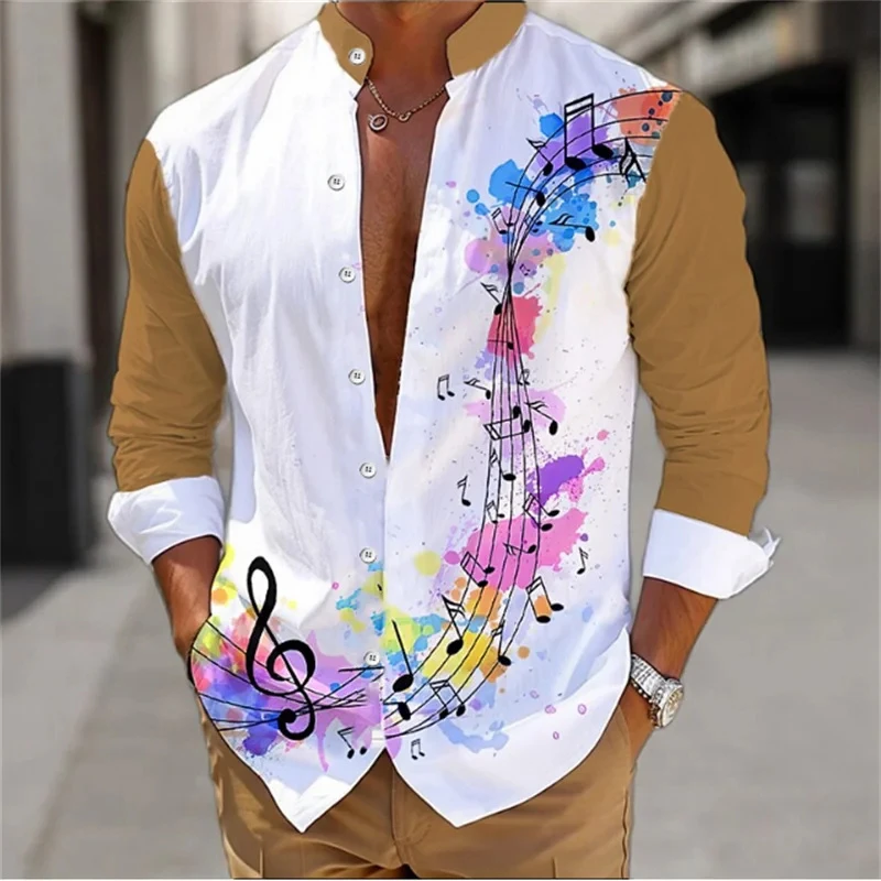 Camisa hawaiana de manga larga para hombre, cárdigan con estampado 3D de notas musicales, cuello levantado, camisa informal de un solo pecho, XS- 6X, verano 2024