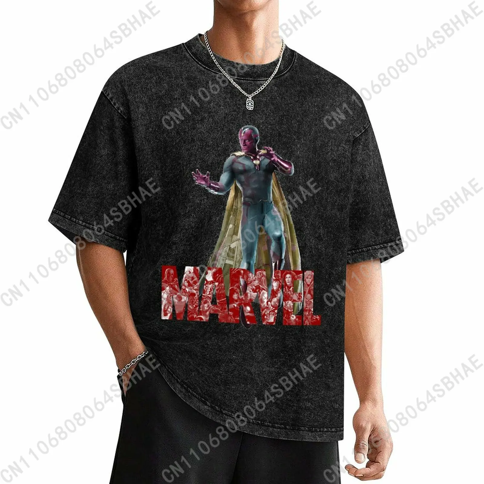 

Marvel Vision Custom Mens Vintage T Shirt Washed Distressed Tee Men Retro Short Sleeve Personalized Cotton Shirt Cosplay