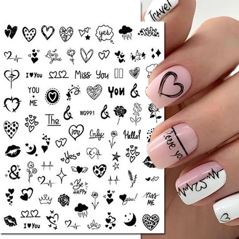 

3d Nail Art Decals Heart Cardiogram Lines Rose Lip Love Letters Star Adhesive Sliders Nail Stickers Decoration For Nail Manicure