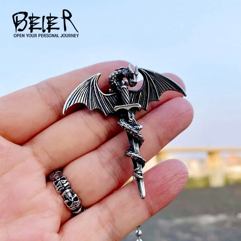 Beier New Store 316L Stainless Steel Dragon Pendant Wings Necklace Punk Animal High Quality Fashion Chain Men Jewelry LLBP8-022P