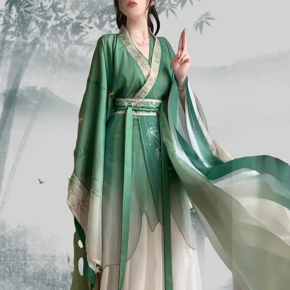 

Новый костюм для выступлений для взрослых, Ханфу с перекрестным воротником, большими рукавами, градиентом цвета и широкими этикетными рукавами. Ханфу.