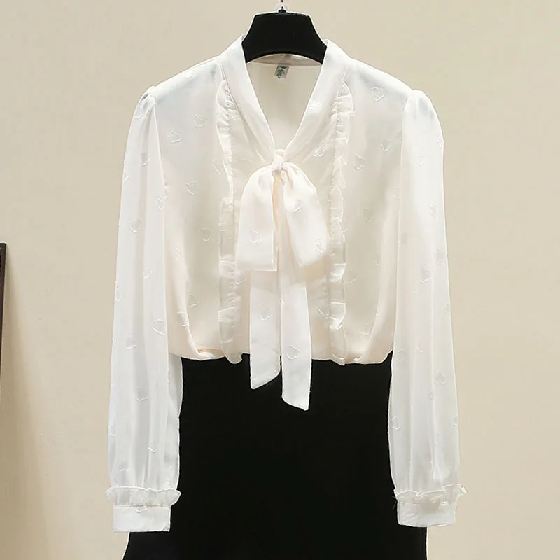 เสื้อเชิ้ตผู้หญิงแขนยาวคอปกโบว์ผ้าชีฟองระบาย เสื้อผู้หญิง เสื้อเบลาส์ เสื้อเชิ้ต บลูซาส สำหรับผู้หญิง 2025 Q629