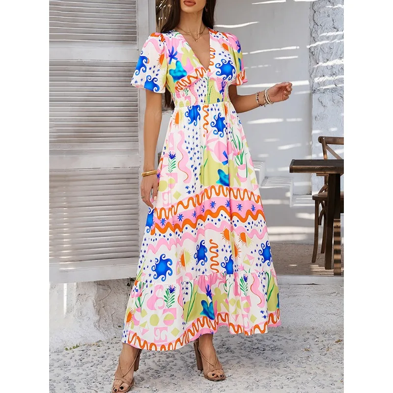 T Е Bohemian Flower Stampato Abiti lunghi Donna 2026 A-line Scollo a V Manica a sbuffo Vita alta Vacanza estiva Max Dress 180827