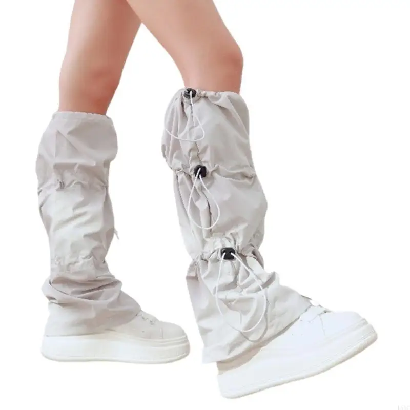 L5YC Harajuku Cargo Leg Covers with Adjustable Drawstring Motorcycle Punk Baggy Footless Socks Stacked Leg Warmers for Women