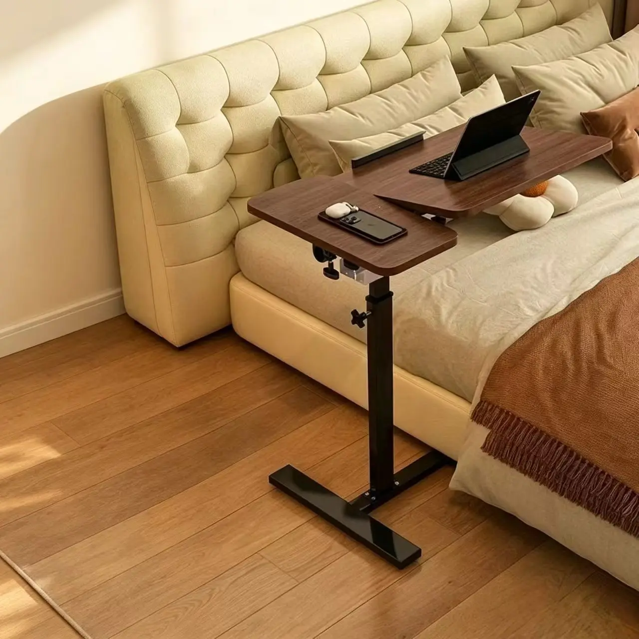Adjustable Mobile Lifting Bedside Writing Desk Rectangular Engineered Wood Top Hidden Silent Casters Flip Options Split Or
