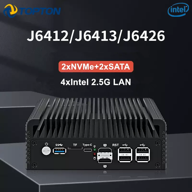Topton 4x2.5G Solid Firewall Computer Fanless Mini PC Intel Celeron J6413 J6412 NAS Server 2xM.2 NVMe 2xSATA 1xTF Type-C 5xUSB