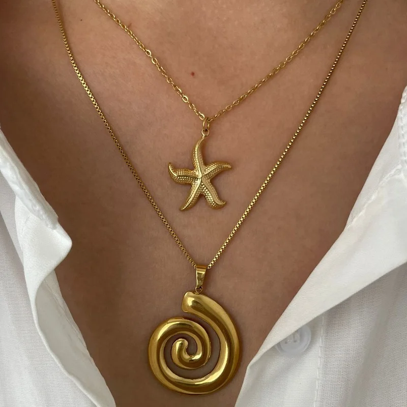 Stainless Steel Metal Hollow Vortex Spiral Starfish Pendant Necklace For Women Punk Gold Color Cavicle Chain Necklace Jewelry