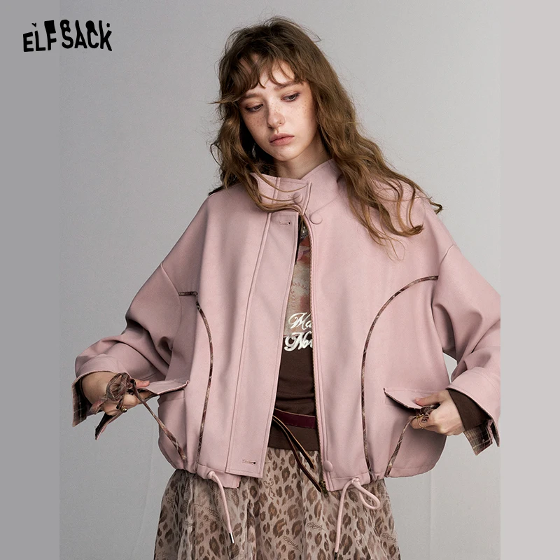 ELFSACK Women's Pink Crop Jacket with Gingham Patchwork, Bow Drawstring and Stand Collar for Everyday Casual Wear