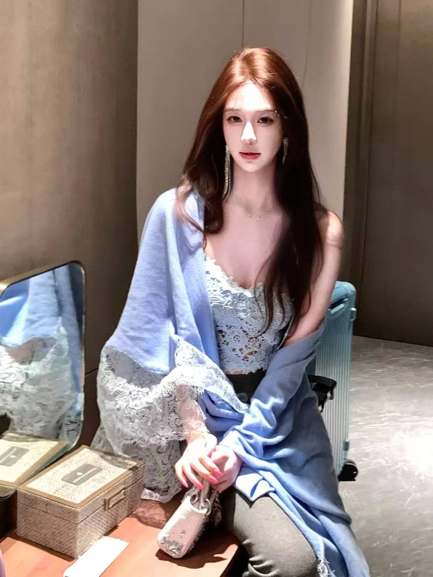 

Baby Blue Lace Strap Bow Tie New Sle Rich Girl Ele Tassel Underwear Women's Vest Tops Faionable Inner Wear