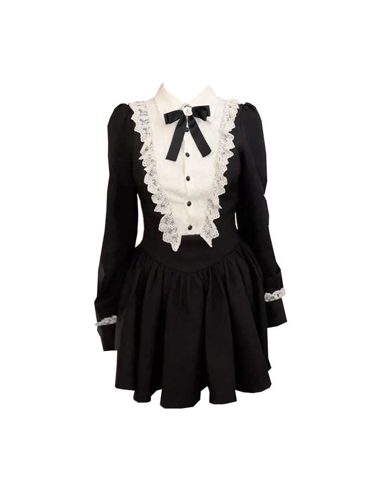 French Elegance Women Lolita Dress Puff Sleeve Thin Fashion Autumn Party Prom Kpop 2000s Aesthetic Sweet Polo Collar Streetwear