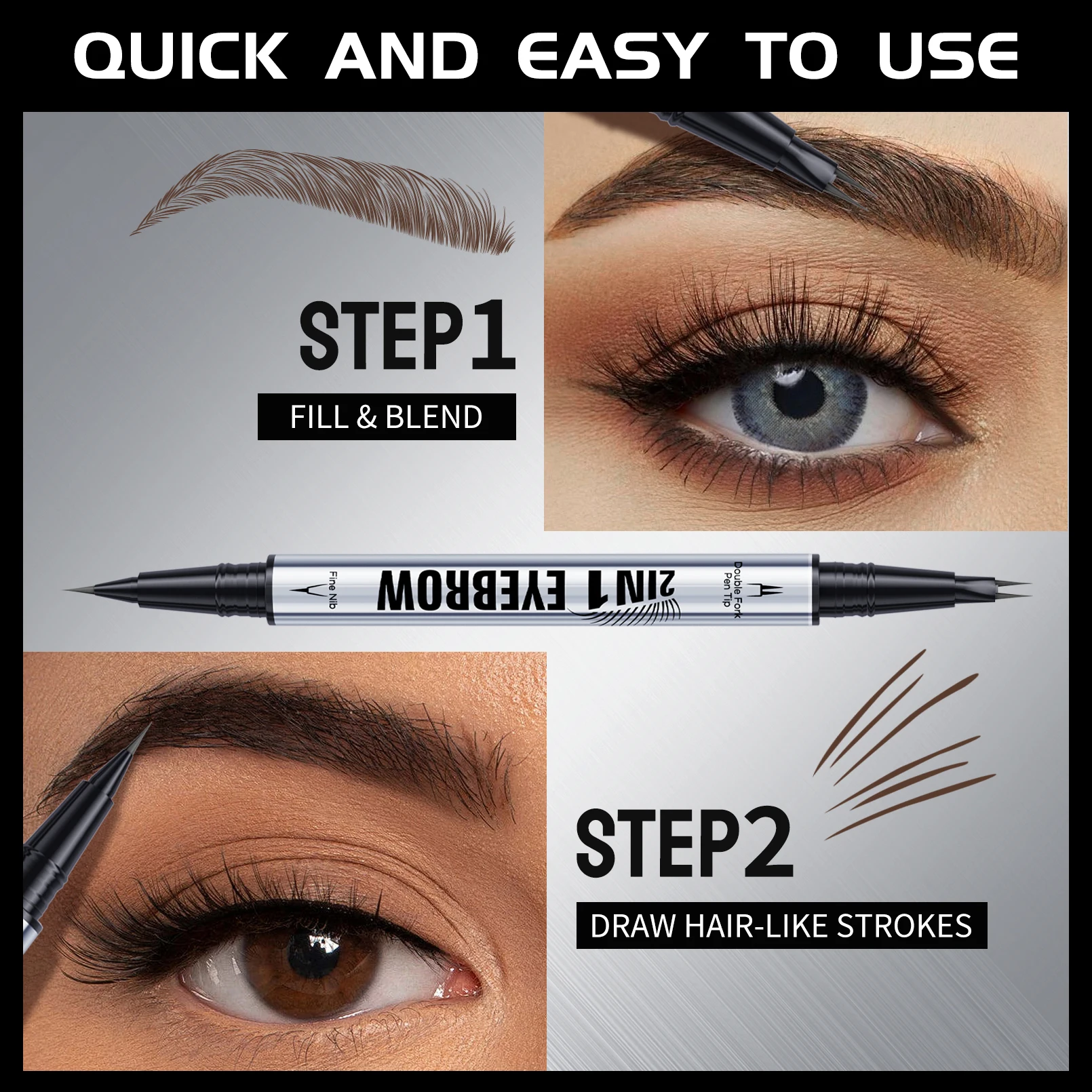 Two-Pronged Dual-Head Two-In-One Eyebrow Pencil, Light Brown, Brown, Dark Brown, Black-Brown, Black Liquid Eyebrow Pencil, Ultra-Fine Lines, Easily Creates Natural-Looking Eyebrows, Long-Lasting, Waterproof, Sweat-Proof, Does Not Smudge, Suitable for Beginners and Professional Makeup Artists