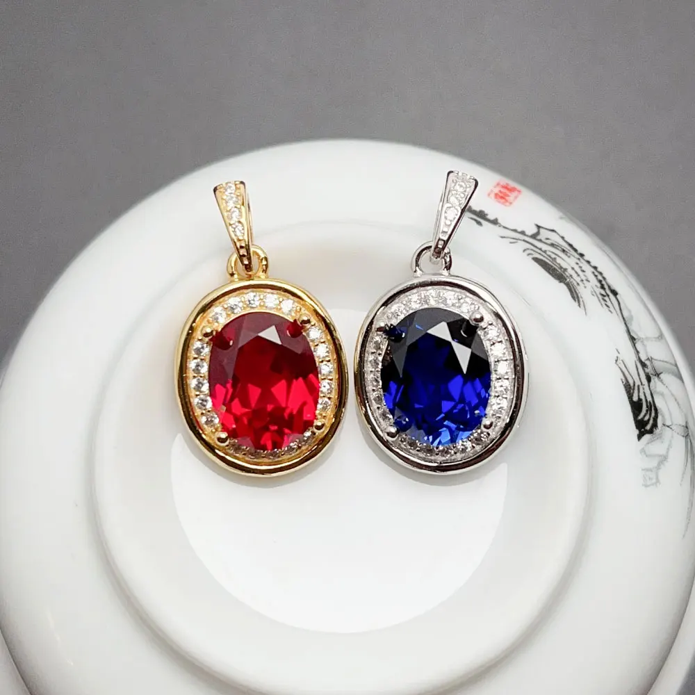 

Solid 925 Silver Man Made Ruby Sapphire Pendant 8mm*10mm Oval Gemstone Necklace Pendant Setting with 18K Gold Plating