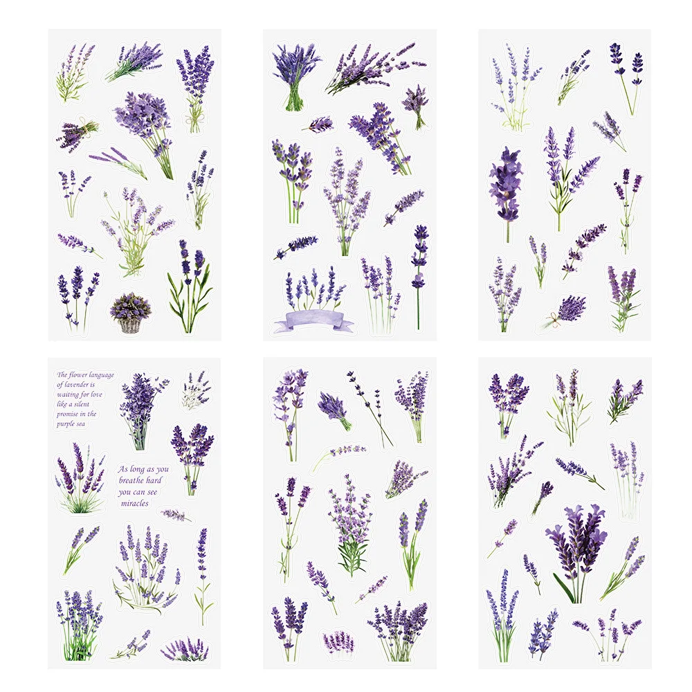 6Pcs Plant Lavender Flower Stickers Booklet Tablet Diary Laptop Helmet Water Bottles Decor Stickers PET PVC Sticker Pack