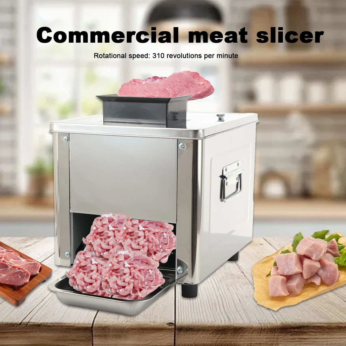 850W Desktop Edelstahl Elektrischer Fleischschneider 3,5mm Schnittstärke mit abnehmbarem Klingensatz für Schweinefleisch, Lammfleisch, Fisch, Kohl, Pilze zum Schneiden, Würfeln, Zerkleinern,