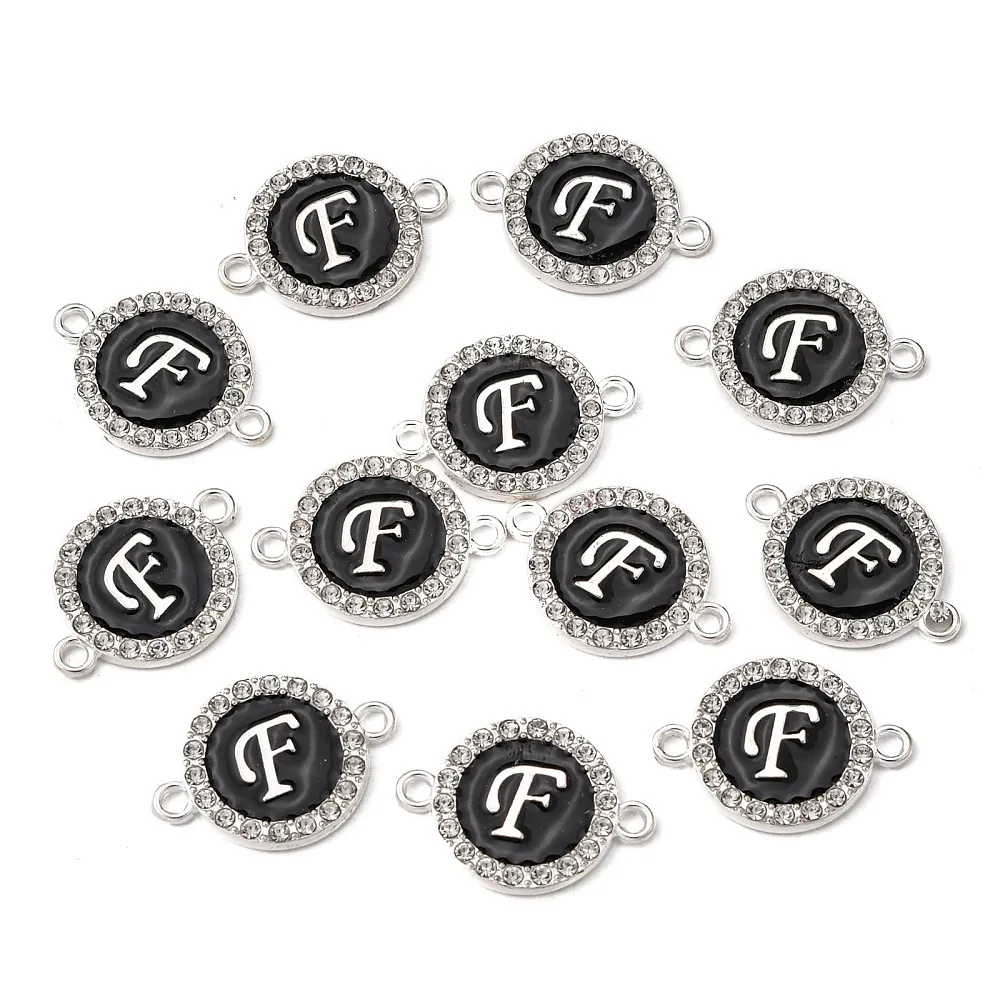 100pc Metal Enamel Links Connectors with Crystal Rhinestones Flat Round with Letter Silver Color Plated Letter for DIY Jewelry