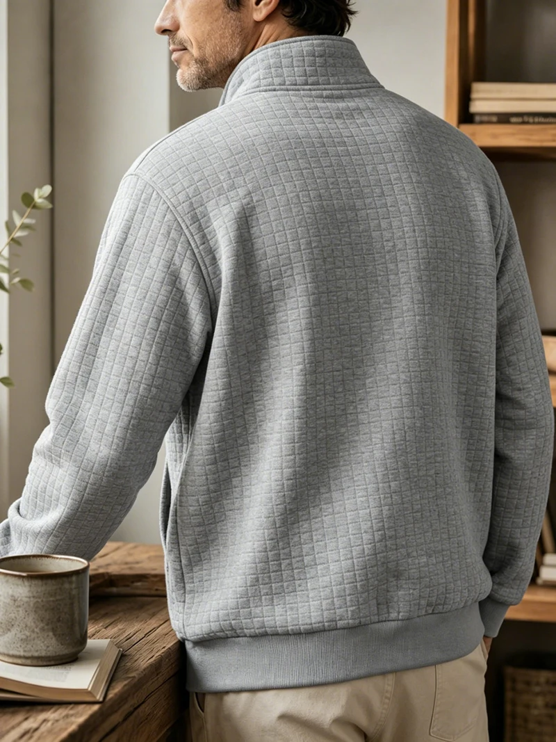 Herren Waffelstruktur Stehkragen Halbreißverschluss Langarm-Sweatshirt mit Kängurutasche, Locker Geschnitten, Frühling Herbst Weicher Lässiger Pullover – Detail 3