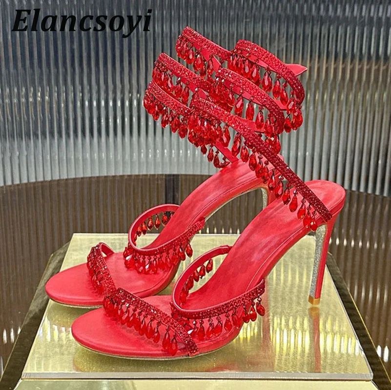 Fashion High Heels Sandals Women Shiny Crystal Pendant Ankle Snake Twine Around Prom Shoes Summer Stiletto Bohemian Sandalias
