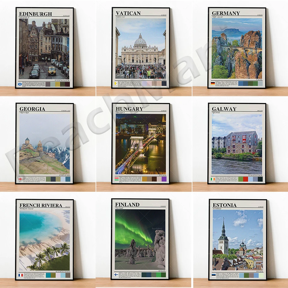 

Edinburgh, Estonia, Finland, French Riviera, Paris, Galway, Georgia, Germany, Gibraltar, Vatican, Budapest Hungary travel poster