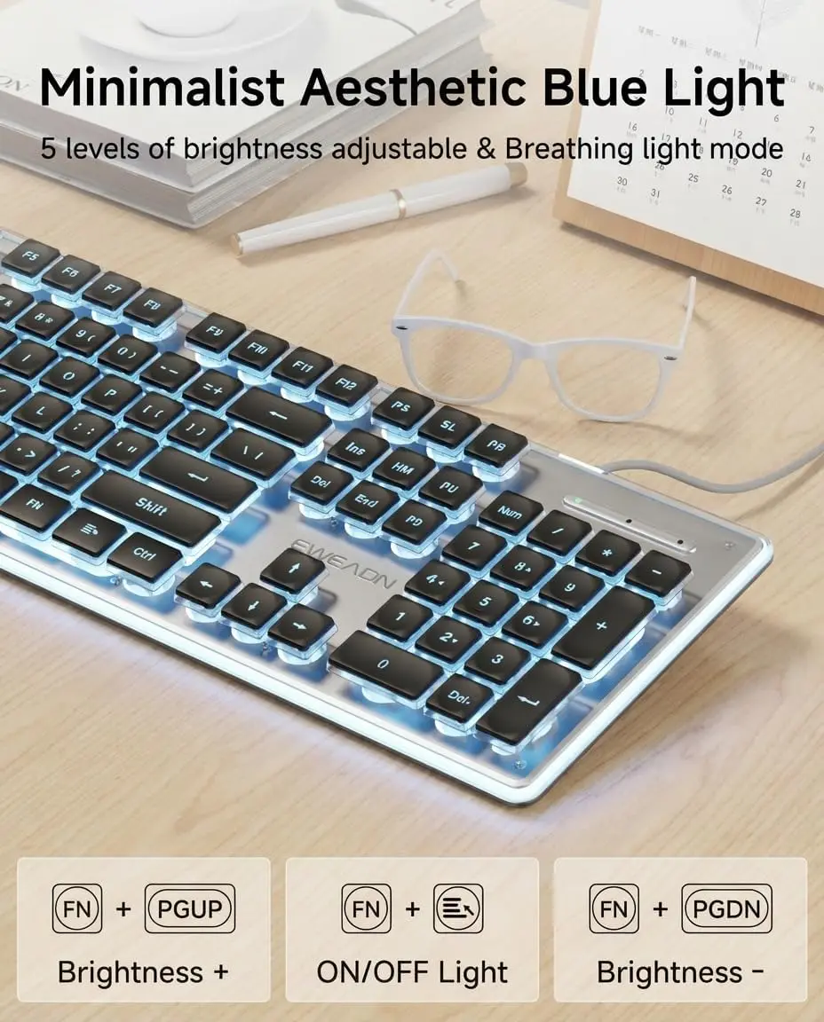 EWEADN GX710S Backlit Computer Keyboards Wired USB Keyboard  Metal Panel Plug and Play Pudding Keycaps Full Size Quiet  Keyboard