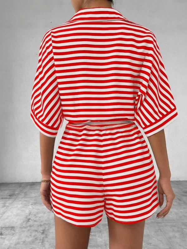 Conjunto de mono a rayas para mujer con cárdigan abierto ort Sve Diseño de cintura baja Tela de poliéster Sle original Corte recto