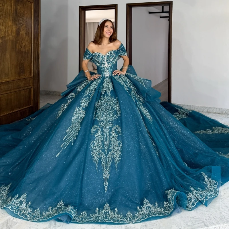 

Sea Blue Quinceanera Dresses Ball Gown Off The Shoulder Applique Lace Beading Crystal Tull Sweet 16 Dress Vestidos 15 De Anos