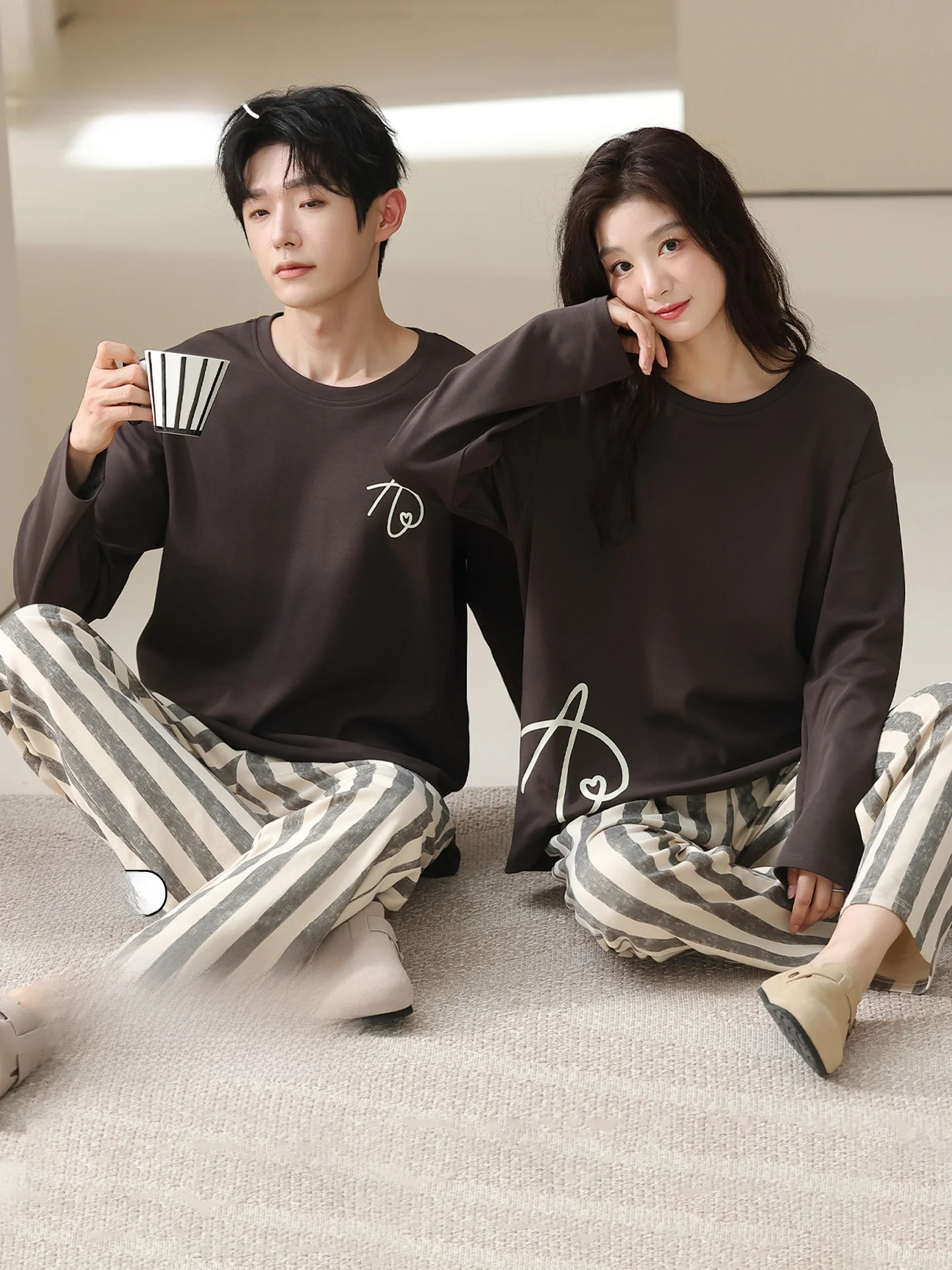 couple's-matching-cotton-spwear-round-ne-home-clothes-set-men's-loose-fit-long-sve-comfortable-breathable-spring-autumn