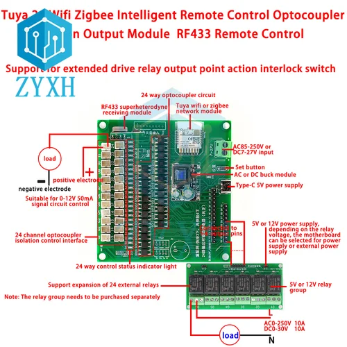 Imagen 2 del producto Módulo de Control de salida de aislamiento de optoacoplador remoto Tuya, interruptor de enclavamiento Inching, 24 vías, WiFi/Zigbee, CC 7V-27V, CA 85V-250V