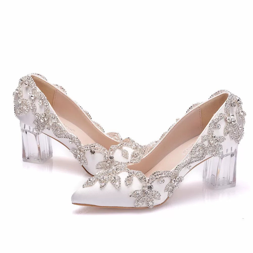 Spring new pointed white silk rhinestone transparent square heel wedding shoes banquet thick high heel large size women's shoes