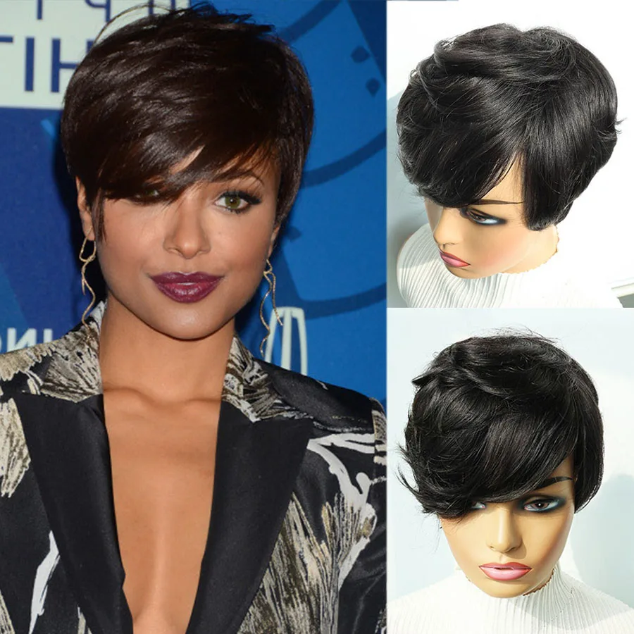 Krótkie peruki Pixie Cut Ludzkie włosy Naturalna czarna peruka z ludzkich włosów z grzywką Brazylijska peruka Remy Bob Cut Pełna peruka wykonana