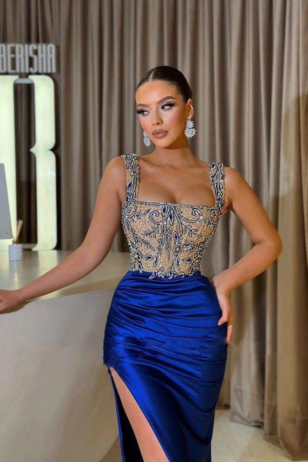 Square Collar Beaded Royal Blue Evening Dresses Luxury Crystal Pleat Mermaid Satin Formal Party Prom Gowns Vestido De Fiesta