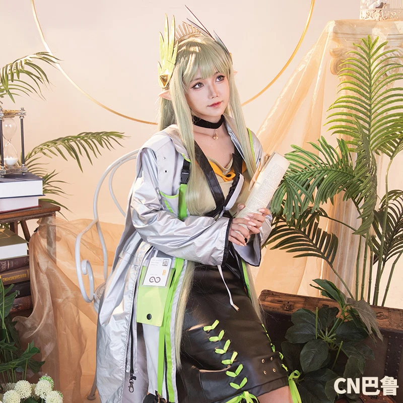 The Arknights Muelsyse Cosplay Cool Linen Green coat black Leather skirt game  Costume full set A