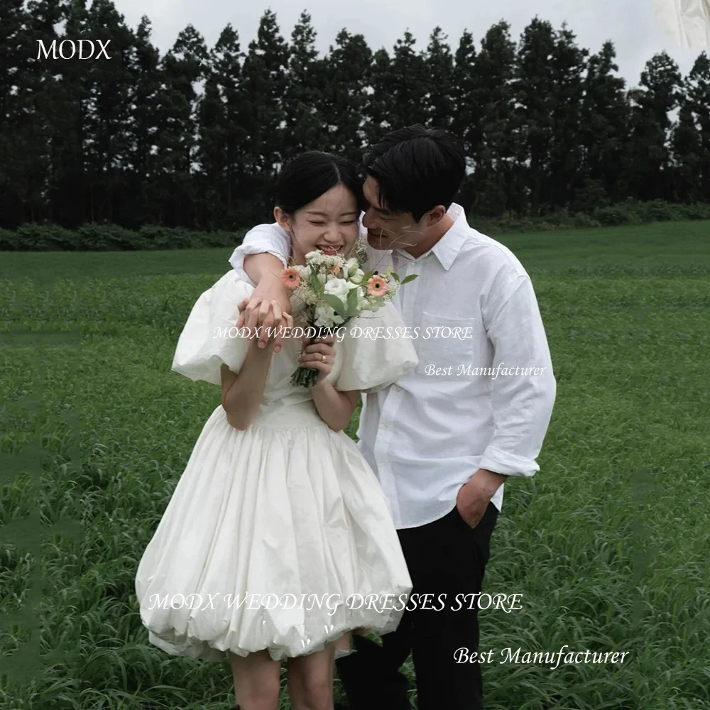 MODX Square Neck Korea Photo Shoot White Puff Sleeves Wedding Dresses Taffeta  Ruched Corset A-Line Bride Growns Party Women