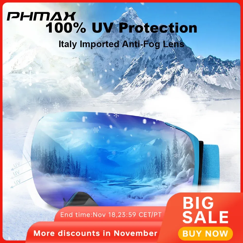 

PHMAX Protection Anti-fog Snowboard Goggles for Men & Women Magnetic SkiGoggles with Quick-Change Lens and Case Set 100% UV400