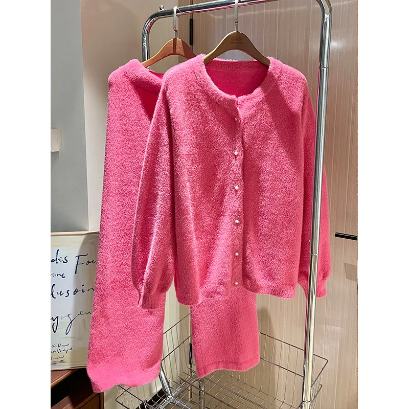 Pink Sweet Half-Fleece Women's Set Autumn/Winter Wearable Homewear Long-Sleeved Round Neck Cardigan Top + Trousers 2-Piece Set
