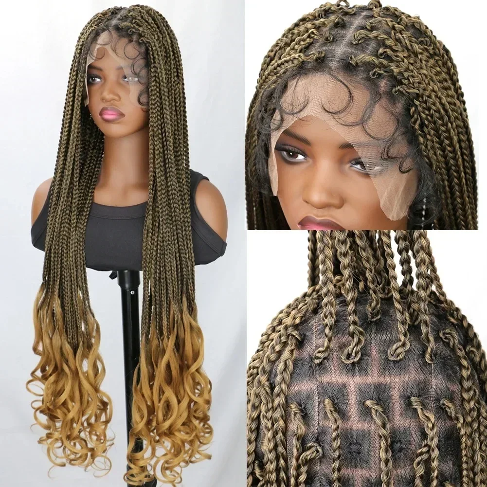 Pelucas trenzadas en caja para mujeres negras, pelo sintético bohemio sin nudos con extremos ondulados, trenzas Afro delanteras de encaje completo, peluca de pelo de bebé de 36 ", uso diario