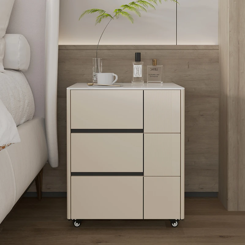 Simple modern bedside table, bedroom minimalist, luxury, solid wood, lacquered three-drawer sideboard, net celebrity cream