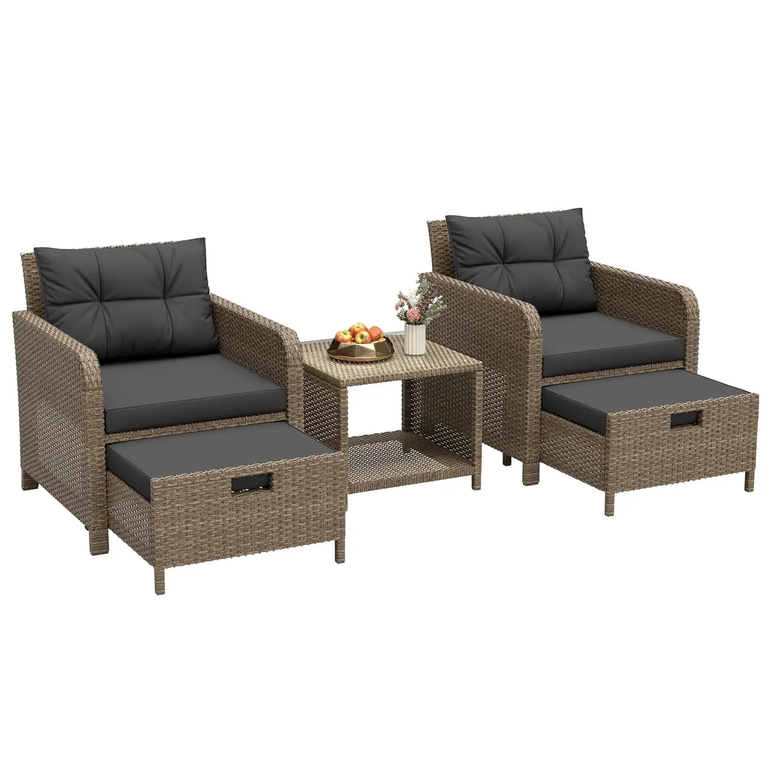 

5 Piece PE Rattan Patio Set with Cushions Coffee Table Hidden Ottoman, Outdoor Furniture for Porch Garden Balcony, Custom