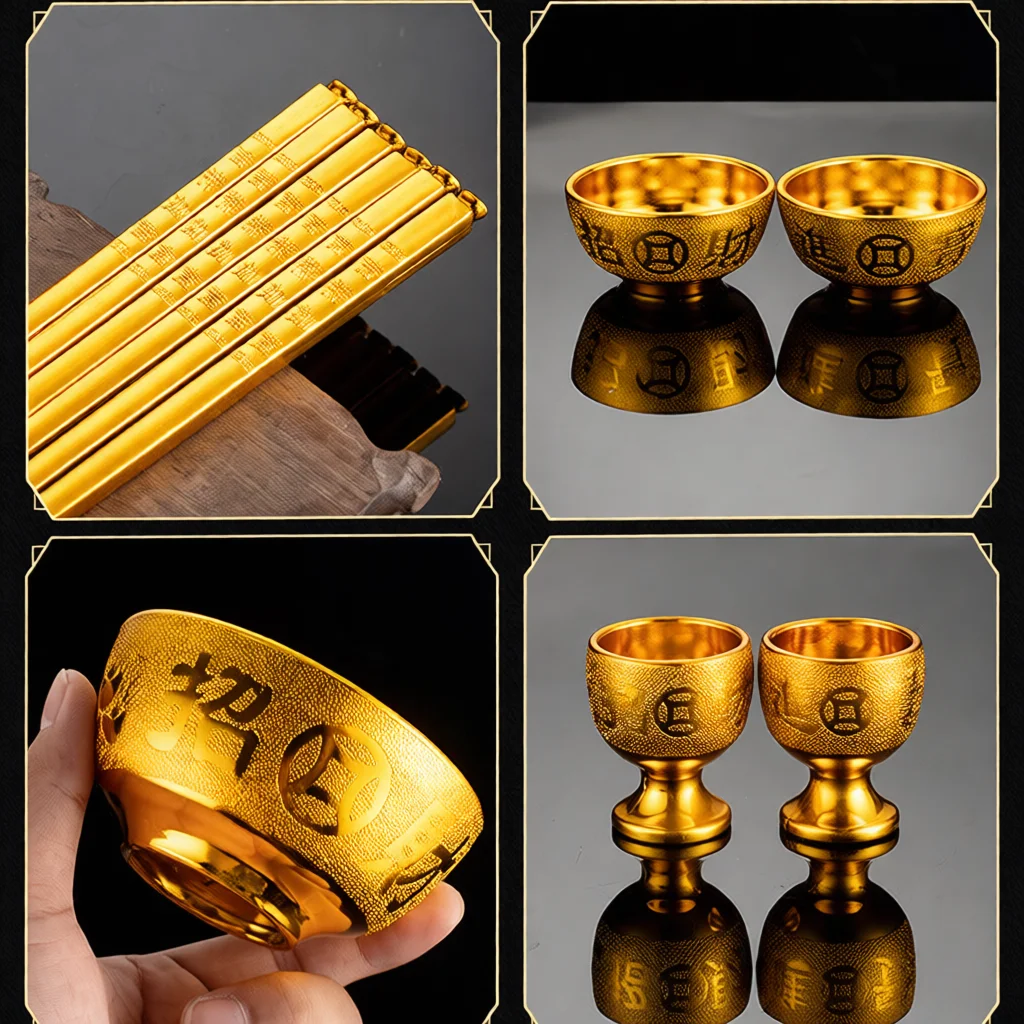 Gold Plated Plastic Offering Set Ceramic Imitation Fruit Plate Ritual Cup Bowl Wine Pot Tea Kettle Chopsticks Religious Decor
