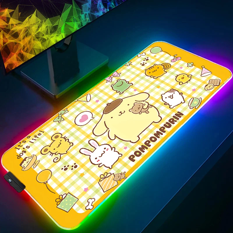 لوحة ماوس بإضاءة خلفية RGB Pompompurin Anime Edge White Gabinete Gamer Computer LED حصيرة مكتبية ملحقات ألعاب لوحة المفاتيح لوحة الماوس