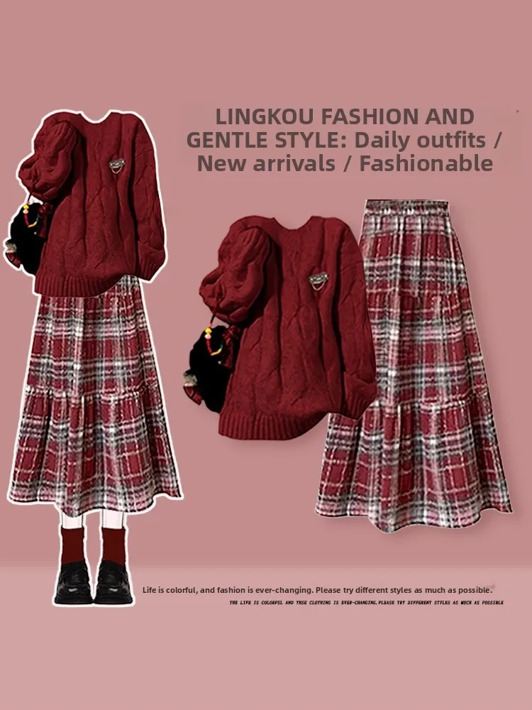 

Korean Sle Winter Faion Set Women's Cisas Red Knitted Sweater Slimming Plaid Skirt Two-Piece Suit High Waist o...