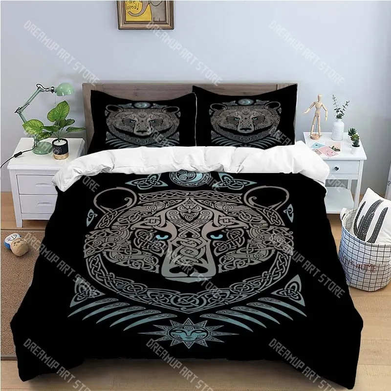 

Viking Duvet Cover King Scandinavian Folklore Motifs Bedding Set Microfiber Northern Germanic Culture Mjollnir Comforter Cover