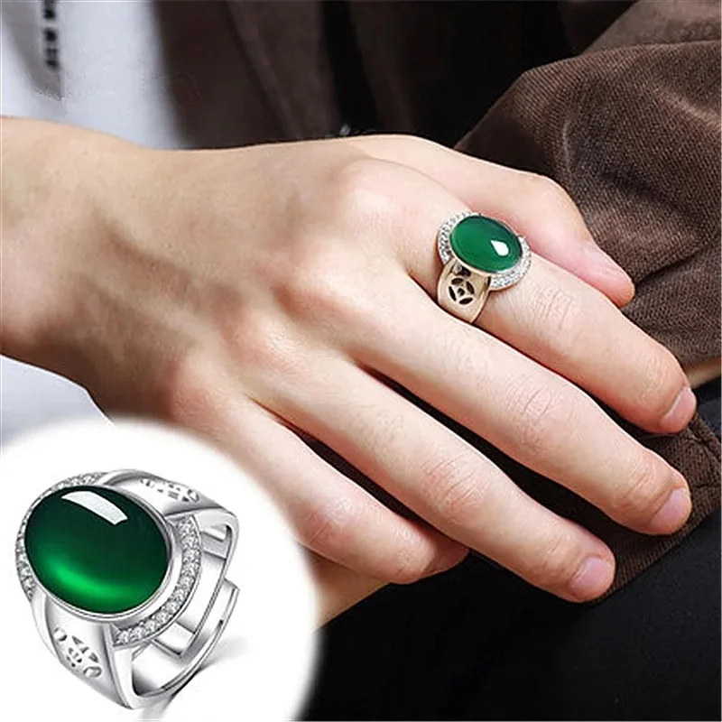Natural Green Chalcedony Hand Carved Jade Ring Fashion Boutique Jewelry Men's and Women's Agate Opening Adjustable Ring Gift 5