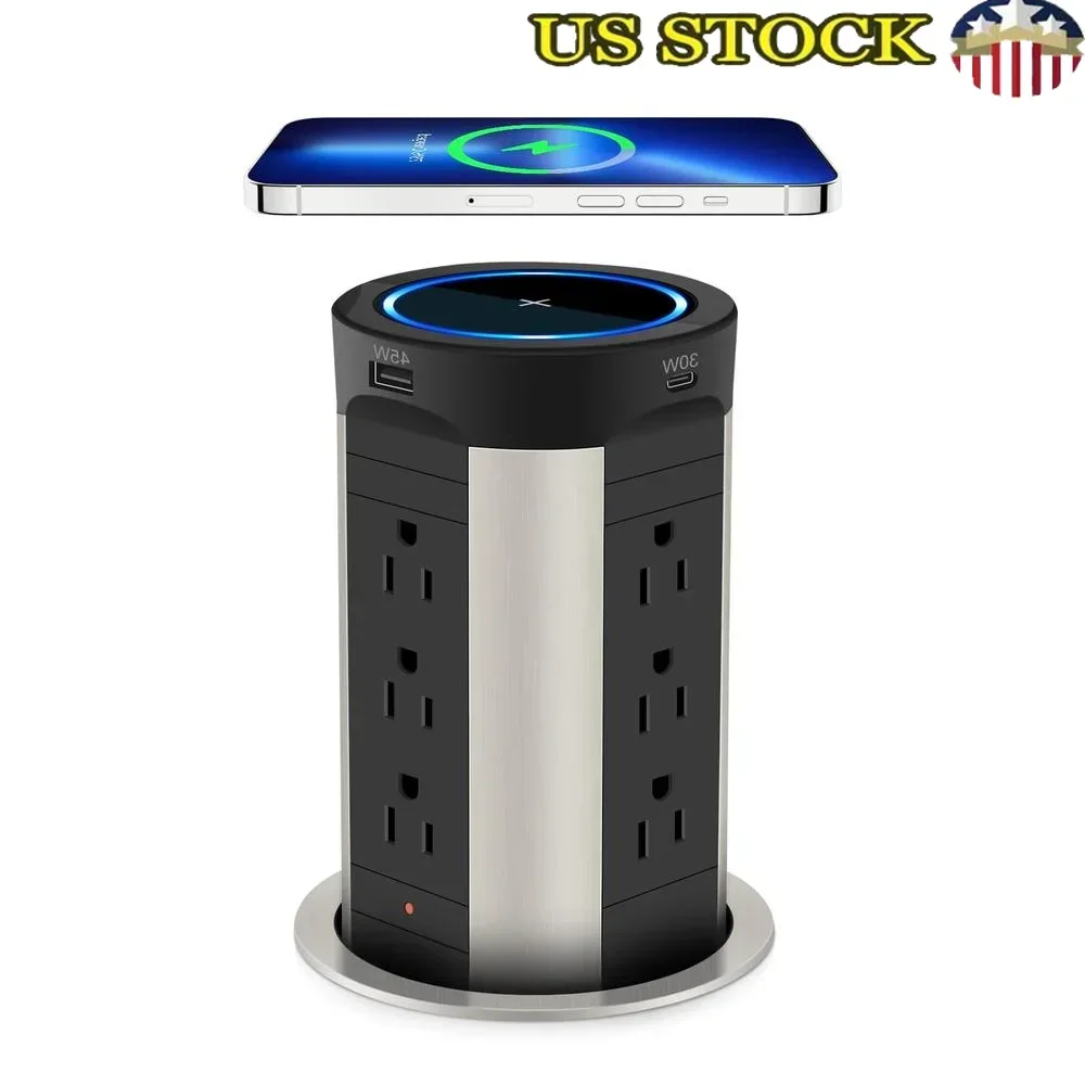 Pop Up Receptacle Outlet Power Delivery 90W 12 Outlets 15W Wireless Charger USB-C/USB-A Surge Protection Countertop Conference