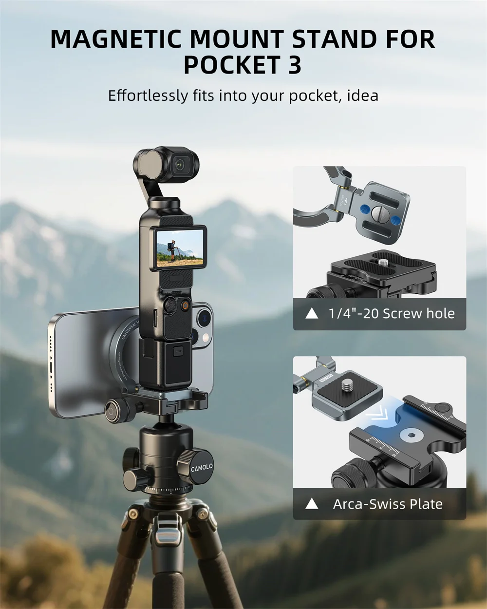Magnetic Mount Stand w 1/4-20 Arca-Swiss for DJI Pocket 3/ Insta360 Aluminum Magnet Expansion Phone Mount for iPhone 16 -12 Vlog