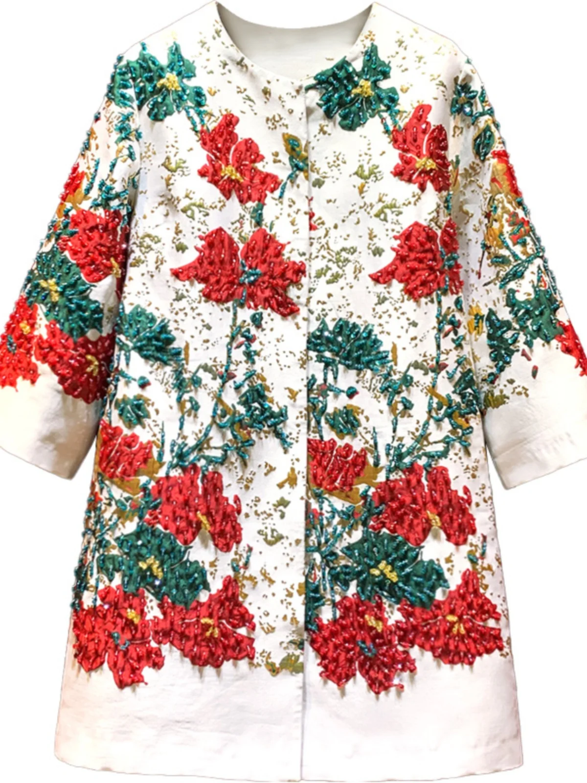 

2024 Luxury Lady Vintage Autumn Embroidery Jacket Women Floral Beading Long Coat Covered Button Outwear Trench 2/3 Sleeves