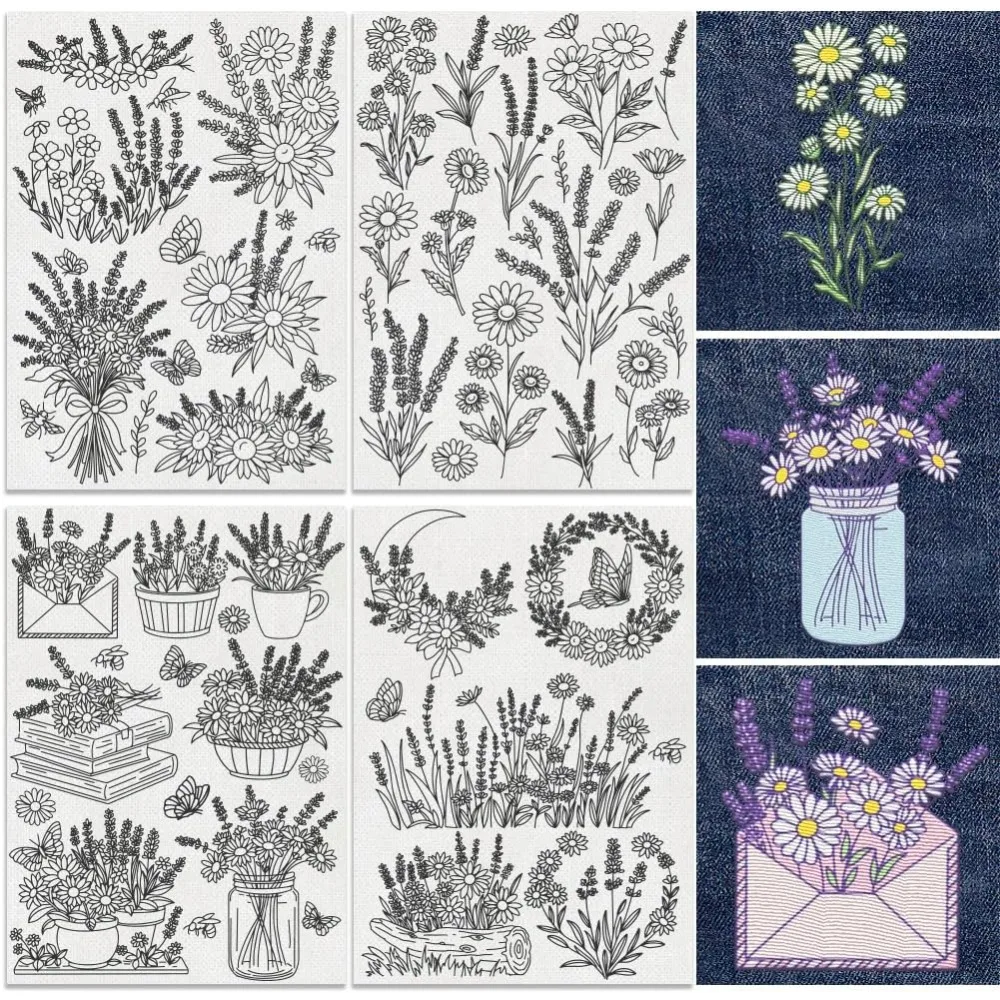 30 Stück Lavendel-Gänseblümchen Wasserlösliche Handnäh-Stabilisatoren 21x29,7 cm Blumen-Stickmuster-Stabilisator