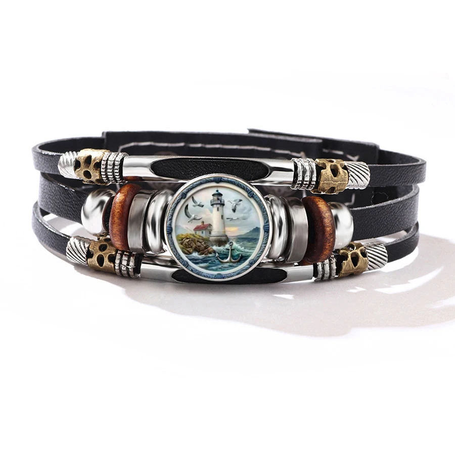 Classic Retro Lighthouse Island Anchor Seagull Nautical Commemorative Glass Bracelet Charms, Cross-Border Ornaments